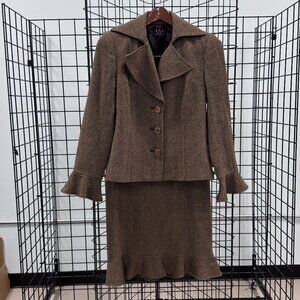 David Meister Brown Wool Blend Suit with Flared Peplum Skirt & Cuffs Size 4